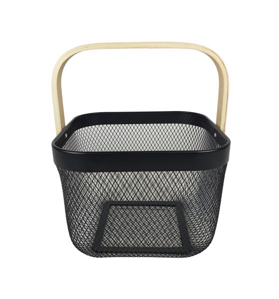 Aufbewahrungskorb Metall mit Holzgriff in schwarz 26x26x18cm